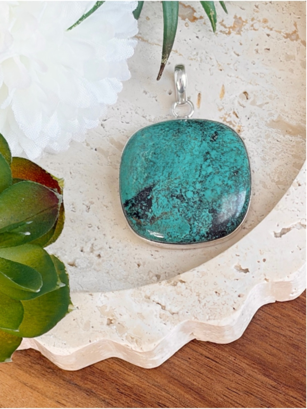 Sterling Silver 925 Southwest Natural Turquoise Chunky Cushion Pendant Handmade